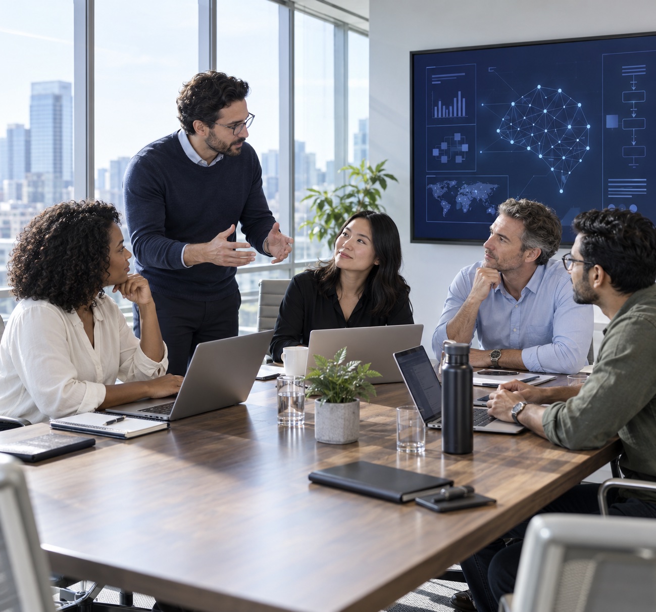 A team collaborating on an AI project in a bright, high-tech boardroom